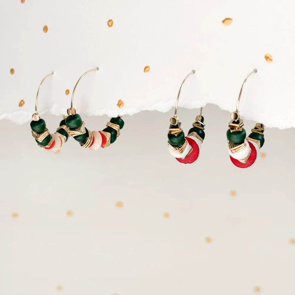 Boho Hoop Earrings Green Stone Beaded Gold Hoops Coral Ivory | Artisan Style - Picture 5 of 10